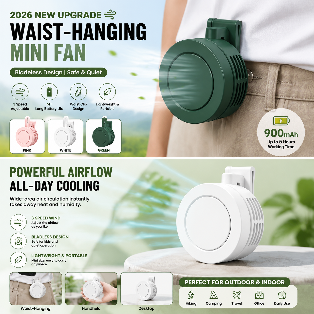 Oscillating Fan Clip - Rechargeable Mini Waist Fan | Portable